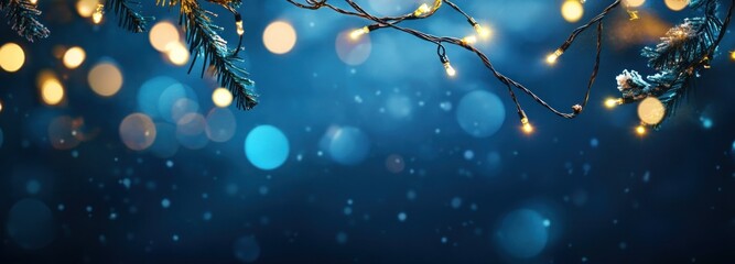 Sticker - Festive String Lights and Pine Branch with Snowy Background