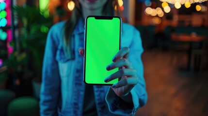 Young woman holding showing phone with chroma key green screen over blurred indoor cafe background