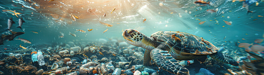 Wall Mural - Plight of the Turtle Swimming in Polluted Seas Amid Plastic Debris Environmental Crisis Visualization