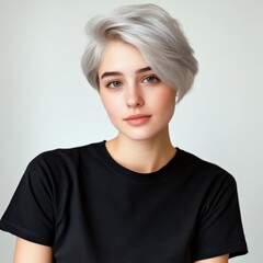 Wall Mural - Close up of beautiful woman with white skin, grey short hair, wavy hair and a clear black t shirt, isolated in a light white studio. Portrait person.