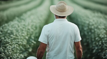 An image of a farmer standing in a lush, green field with his back to the camera, wearing a straw hat and white shirt, evoking a sense of hard work and tranquility.