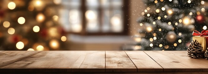 Wall Mural - Wooden Tabletop with a Blurred Background of Christmas Trees and Lights