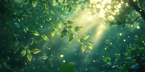 Wall Mural - Green Leaves and Golden Lights in a Forest Setting