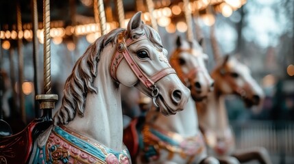 A lineup of vintage carousel horses adorned with weathered, intricate designs and harnesses, showcasing the timeless allure and nostalgic charm of classic merry-go-rounds.