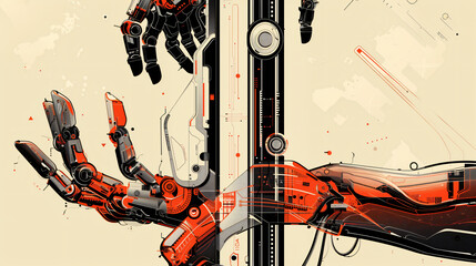 Aufkleber - Two robot hands reaching out to each other with a futuristic design