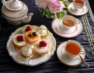 Wall Mural - Elegant afternoon tea setup with fine china and delicate pastries.