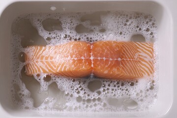 A large bowl containing two fresh bio organic salmon fillets is in the sink with water pouring into it