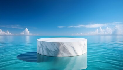 Poster - elegant white marble podium floating above tranquil turquoise sea framed by cloudless azure sky minimalist composition with strong emphasis on texture and negative space