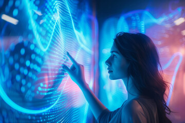 Sticker - Young woman standing in front of interactive glass screen and touch interface for interacting with digital elements