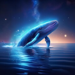 Poster - enormous luminescent blue whale breaching ocean surface under starry night sky bioluminescent plankton trail in its wake moon reflection on rippling water