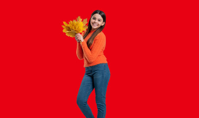 Teenager girl hold maple leaves in autumn style fashion isolated on red