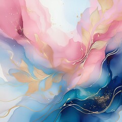 Wall Mural - ethereal abstract watercolor background blending soft pastel pinks and blues delicate gold leaf accents add luxurious shimmer to the dreamy fluid textures