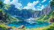 © Kakabe - A breathtaking mountain lake surrounded by towering cliffs and lush greenery under a bright blue sky with fluffy clouds ideal for nature, adventure, travel, and relaxation themes,