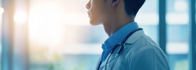 Wall Mural - Profile of a Doctor Wearing a White Coat with a Stethoscope