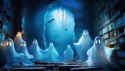 ethereal translucent ghosts emerging from a crumbling wall eerie blue light illuminates their spectral forms creating a spinechilling halloween scene