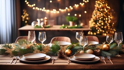 festive christmas table setting with rustic wooden surface twinkling fairy lights and elegant ornaments warm inviting atmosphere perfect for holiday gatherings and celebrations