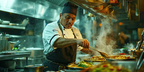 Hispanic man working as a chef in a busy restaurant kitchen, expertly preparing meals.