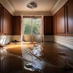 Sticker - flooded basement interior with visible water damage emphasizing the destructive power of nature and the importance of disaster preparedness