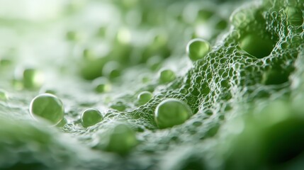 A highly detailed macro shot showcasing a green cellular landscape with droplets. Highlights the complexity of microscopic world and the beauty of natural forms.