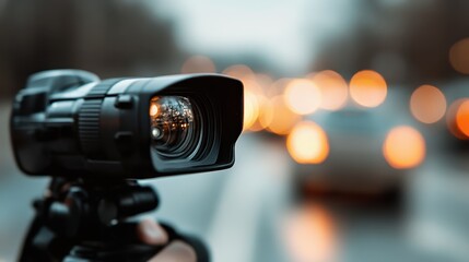 Close-up of a professional camera lens focusing on blurred orange and white lights in an urban street scene, representing the art of photography and videography.