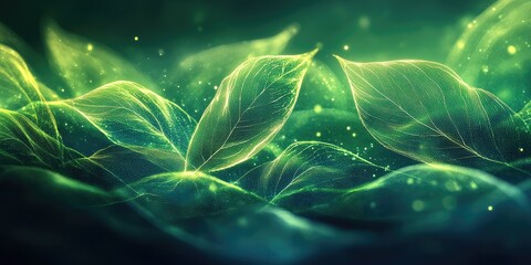 Wall Mural - Abstract Green Leaves with Glowing Veins and Particles