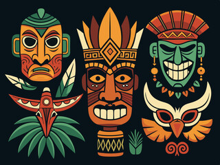 Ethnic masks. Tiki totem, voodoo african tribal head. Zulu traditional god, hawaiian indigenous vintage tattoo ritual polynesian face black vector set
