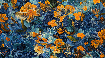 Aufkleber - Stunning seamless floral design with bold orange blooms and foliage against a blue backdrop, ideal for textile and surface design endeavors