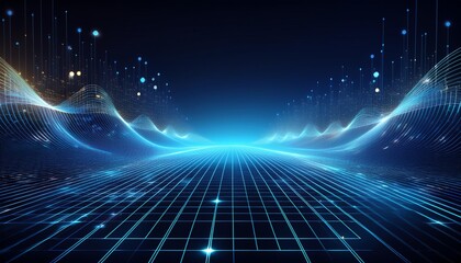 futuristic digital landscape with glowing blue grid and floating particles abstract network connections forming in space scifi inspired tech visualization