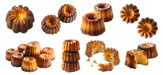 Canvas Print - Canelé Canelés small French pastry dessert on transparent cutout, PNG file. Many assorted different angles, stack, broken, top front view, pile. Mockup template for artwork design