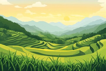 Wall Mural - Flat design of rice terrace landscape background vector illustration