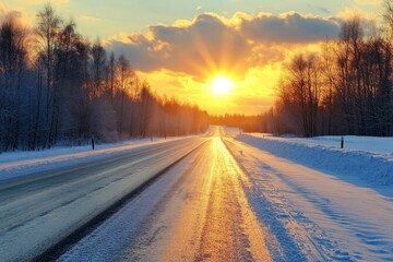 Canvas Print - Winter view of a snowy curve country road