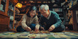 © Lila Patel - Elderly Asian couple playing traditional board game on the floor, surrounded by cherished possessions.