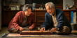 © Lila Patel - Elderly Asian couple playing traditional board game on the floor, surrounded by cherished possessions.