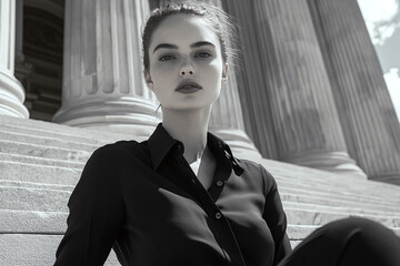 A model in a solid black shirt, sitting on the steps of a grand neoclassical building.