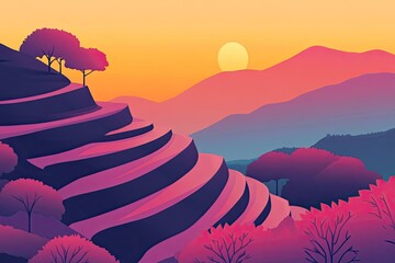 Wall Mural - Flat design of terraced hillside landscape background vector illustration