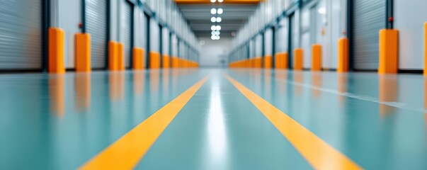 A wide-angle view of a clean, modern storage facility with bright floor markings and illuminated corridor.