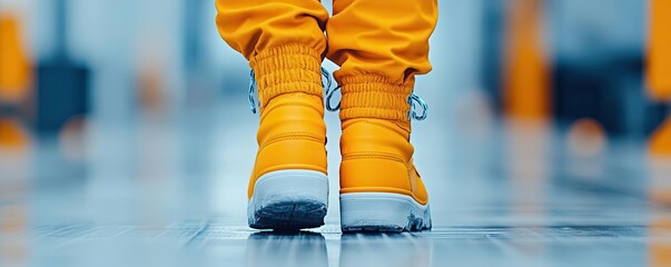 Close-up of trendy yellow sneaker shoes on a polished floor, showcasing modern footwear style and urban fashion aesthetics.