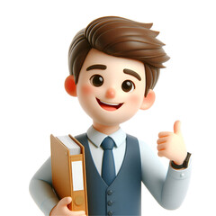 3d style employee person happy smiling cartoon characte standing on white background.