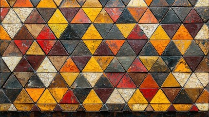 Tile background with yellow, red and brown triangle geometric mosaic