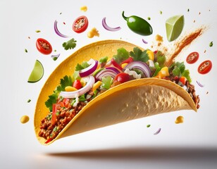 gourmet mexican taco floating midair vibrant ingredients exploding outward dynamic composition crisp details pure white background mouthwatering realism