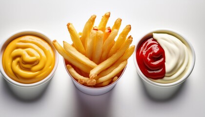 Wall Mural - gourmet french fries trio plain golden rich red ketchup creamy mayo crisp texture appetizing presentation clean white background focus on contrasting flavors