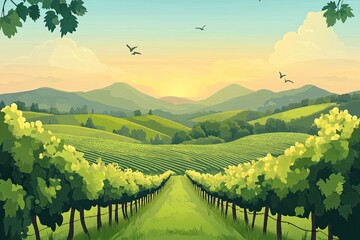 Wall Mural - Flat design of vineyard hills landscape background vector illustration