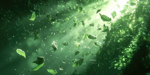 Poster - Green Leaves Falling Through Sunlight in a Forest