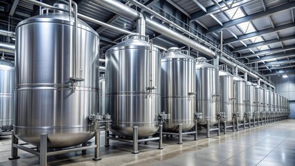 Poster - Row of silver hydrogen storage tanks in modern industrial facility, hydrogen, storage, tanks, industrial, facility, row