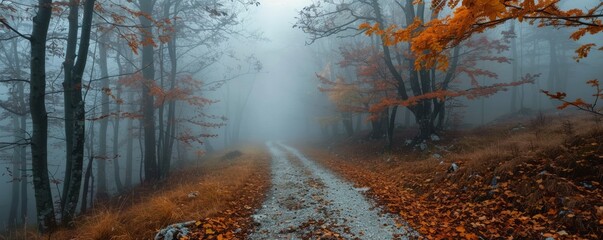 Wall Mural - Pathway through a foggy autumn forest