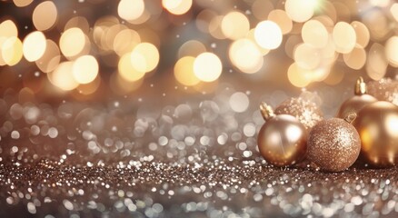 Sticker - Golden Christmas Ornaments on Glittering Surface Surrounded by Warm Lights