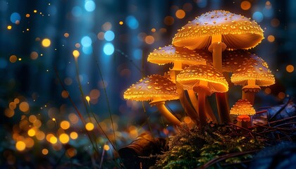 Glowing mushrooms in dark forest, bioluminescent, magical