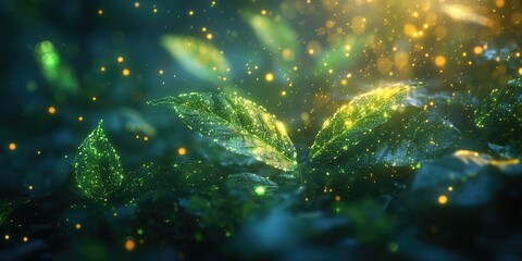 Wall Mural - Glowing Green Leaves with Defocused Golden Lights