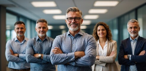 Wall Mural - Portrait, meeting and business man with arms crossed for teamwork and support for project management in office. Creative agency, confident and mature male manager with pride for staff collaboration