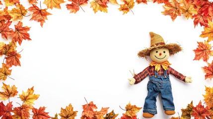 Autumn banner featuring a cheerful scarecrow surrounded by colorful fall leaves